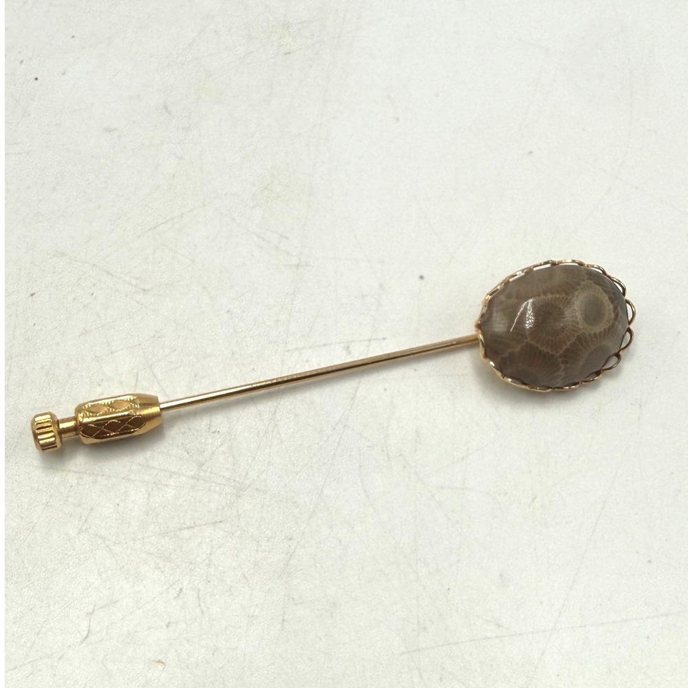 Vintage Petoskey Stone Stick Pin Gold Tone Fossil Coral Lapel Pin Michigan State